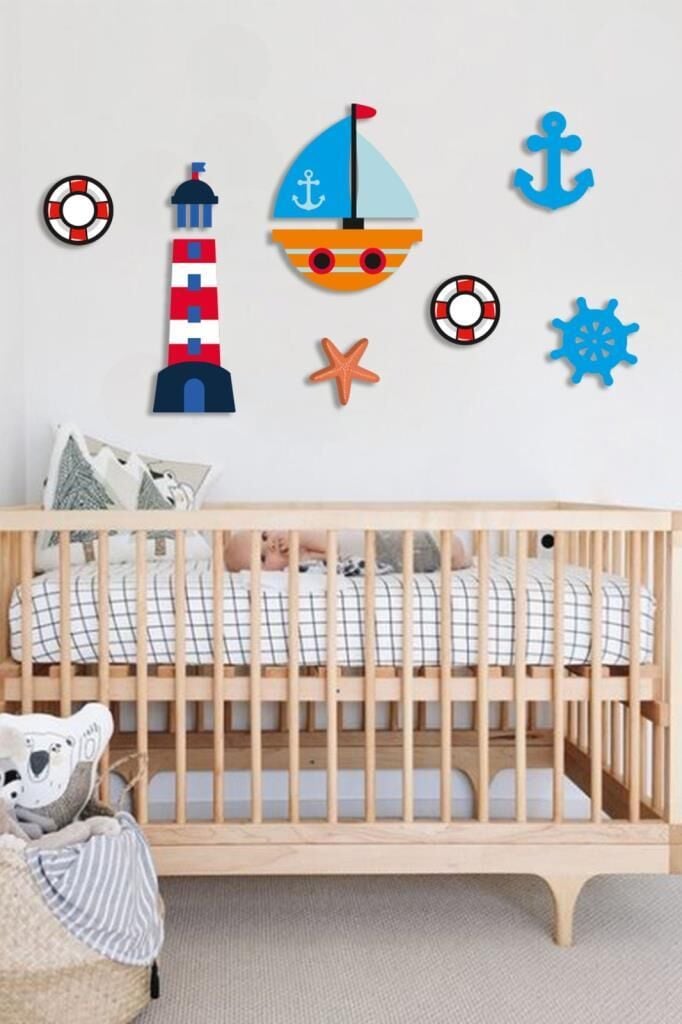 Lazer Kesim 7 Parça  Ahşap Denizci Seti Duvar Süsü Çocuk Odası Dekoru