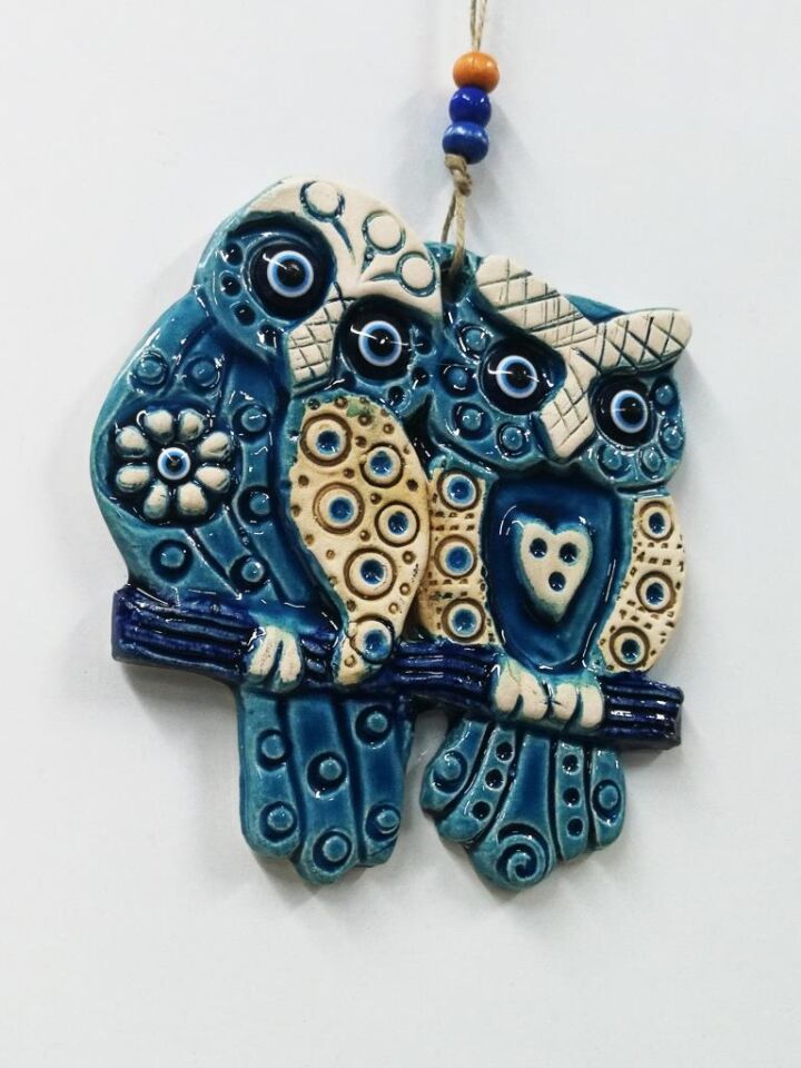 Seramik Baykuş Çifti Dekoratif El İşi Duvar Süsü Nazarlık