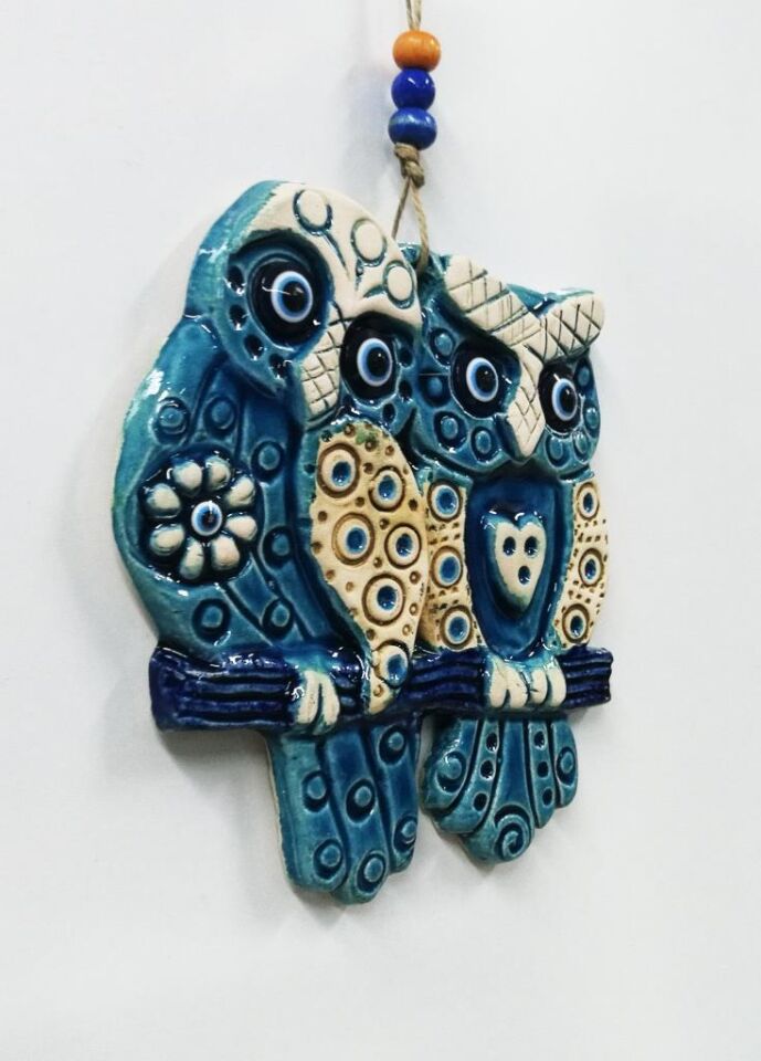 Seramik Baykuş Çifti Dekoratif El İşi Duvar Süsü Nazarlık