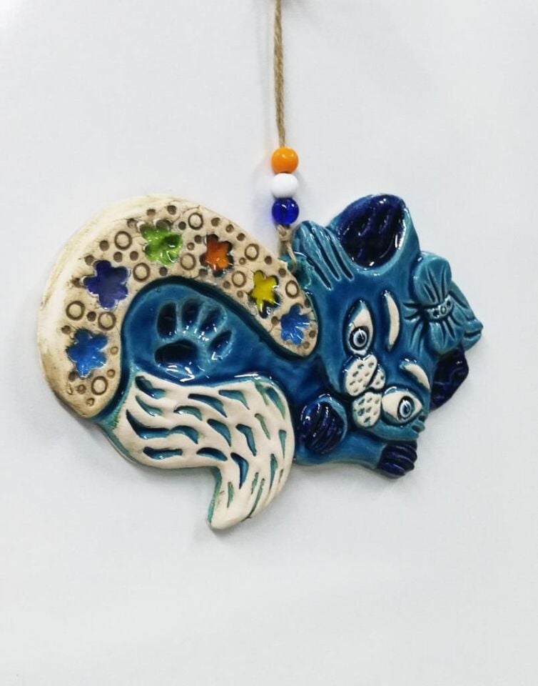 Seramik Kedi Dekoratif El İşi Duvar Süsü Nazarlık