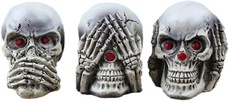 Dekoratif Üçlü Kuru Kafa Biblo Seti Görmedim Duymadım Bilmiyorum Temalı Kırmızı Gözlü Gotik Tasarım