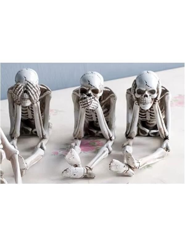 Dekoratif Üçlü Oturan İskelet Biblo Seti Görmedim,Duymadım,Bilmiyorum Temalı Esnek Ayaklı, Polyester Gotik Figür