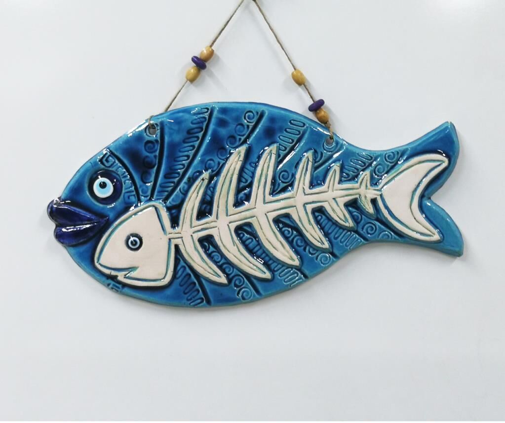 Seramik Kılçıklı Balık Dekoratif El İşi Duvar Süsü Büyük Boy Nazarlık