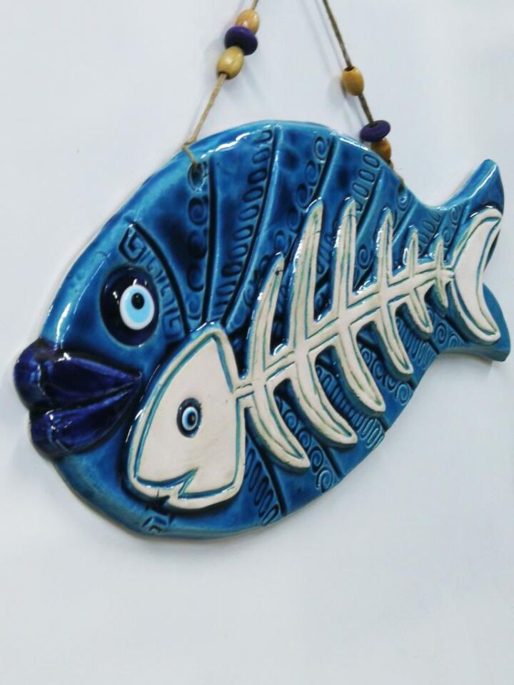 Seramik Kılçıklı Balık Dekoratif El İşi Duvar Süsü Büyük Boy Nazarlık