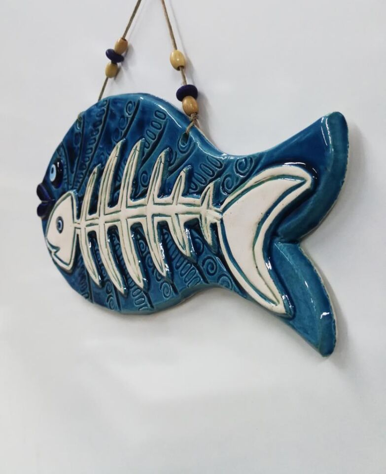 Seramik Kılçıklı Balık Dekoratif El İşi Duvar Süsü Büyük Boy Nazarlık