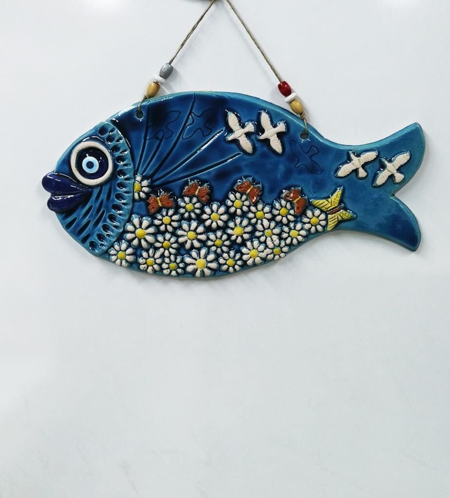 Seramik Çiçek Desenli Balık Dekoratif El İşi Duvar Süsü Büyük Boy Nazarlık