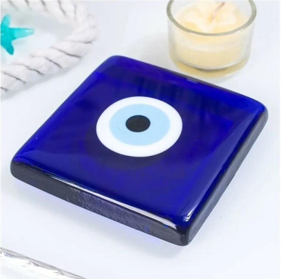 Dekoratif Nazar Boncuklu Cam Kapak Banyo Gider Süsü 10X10 cm