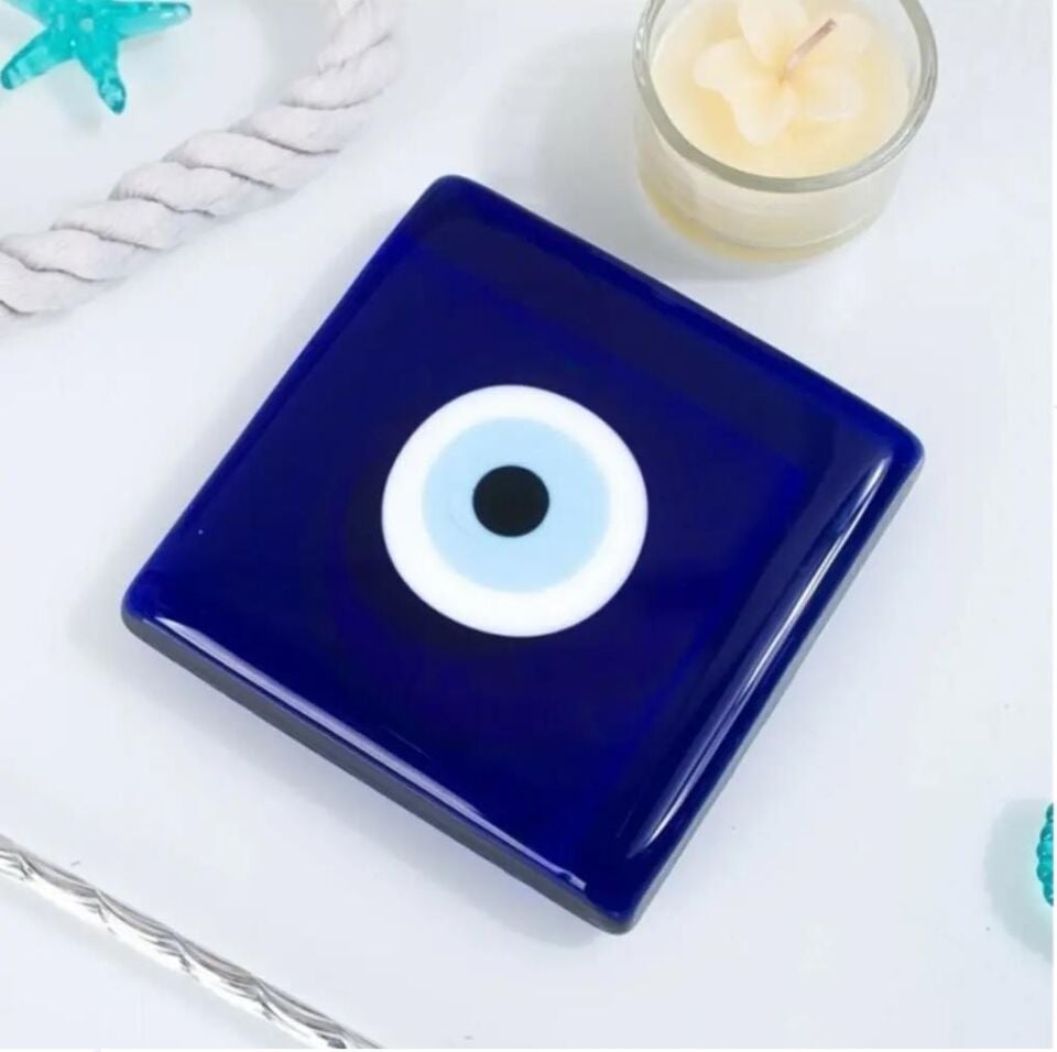 Dekoratif Nazar Boncuklu Cam Kapak Banyo Gider Süsü 10X10 cm