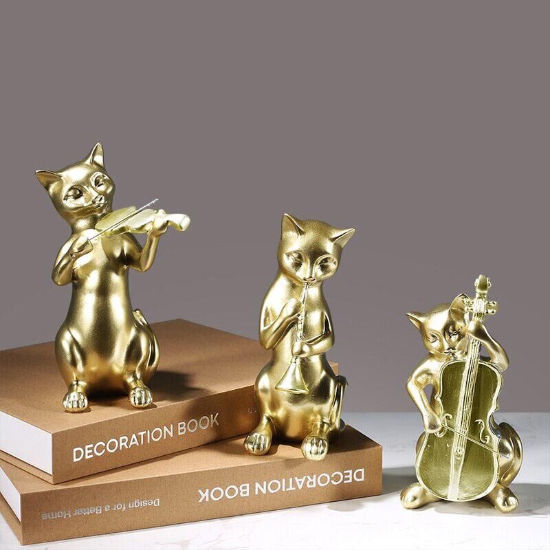 Dekoratif Üçlü Müzisyen Kedi Biblo Masa Süsü Ev Dekor ALTIN