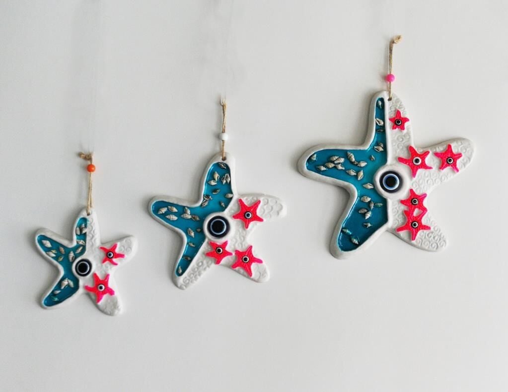 Deniz Kabuğu Süslemeli 3'lü Deniz Yıldızı Duvar Süsü Nazarlık