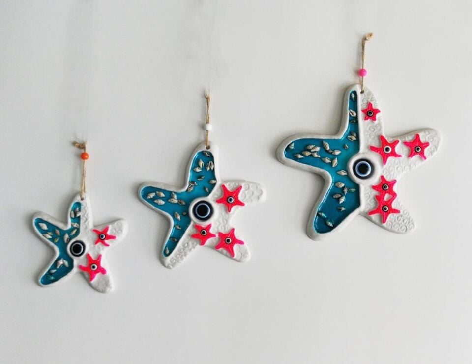 Deniz Kabuğu Süslemeli 3'lü Deniz Yıldızı Duvar Süsü Nazarlık