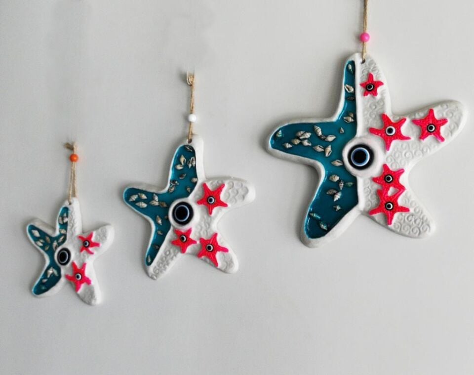 Deniz Kabuğu Süslemeli 3'lü Deniz Yıldızı Duvar Süsü Nazarlık