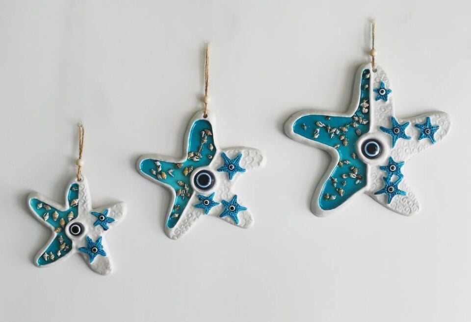 Deniz Kabuğu Süslemeli 3'lü Deniz Yıldızı Duvar Süsü Nazarlık