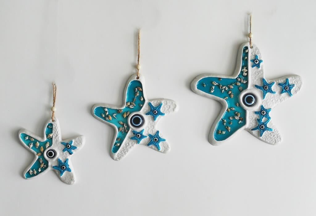 Deniz Kabuğu Süslemeli 3'lü Deniz Yıldızı Duvar Süsü Nazarlık Turkuaz