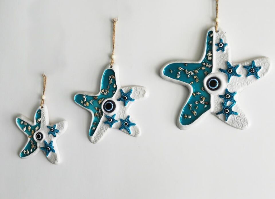 Deniz Kabuğu Süslemeli 3'lü Deniz Yıldızı Duvar Süsü Nazarlık Turkuaz