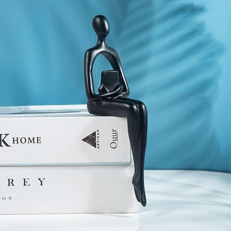 İskandinav Tarz Dekoratif 1 Adet Tekli Soyut Düşünen Heykel Biblo Ev Dekorasyon Raf Dekoru Oturma Odası Aksesuar Kitap Okuyan Siyah