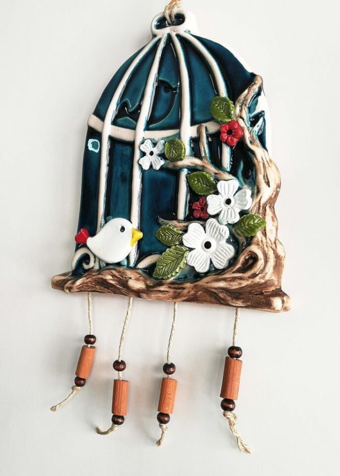 Çiçek Süslemeli Seramik Kuş Kafesi Duvar Süsü