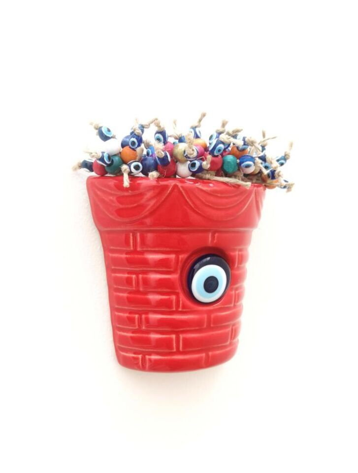 Saksı Figürlü Askılı Dekoratif Duvar Süsü Nazarlık Kırmızı