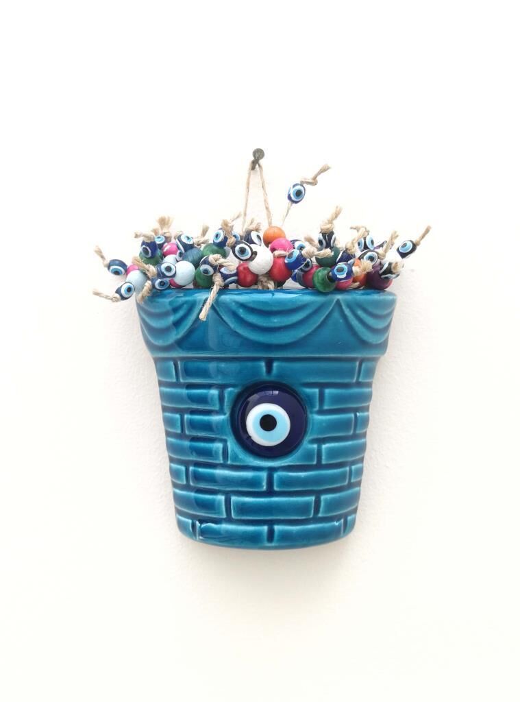 Saksı Figürlü Askılı Dekoratif Duvar Süsü Nazarlık Turkuaz