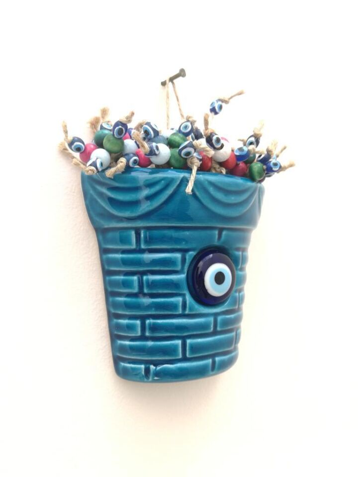 Saksı Figürlü Askılı Dekoratif Duvar Süsü Nazarlık Turkuaz