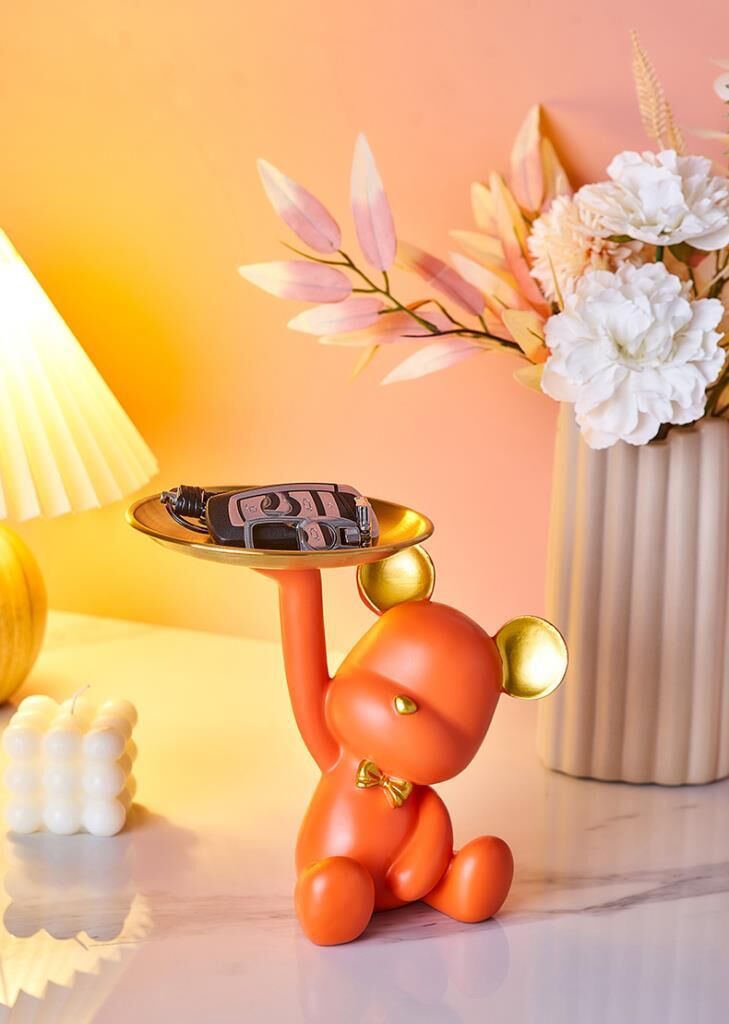 Dekoratif Tabak Tutan Ayıcık Biblo Ev Dekoru Sunum Dekoru Dekoratif Organizatör Turuncu