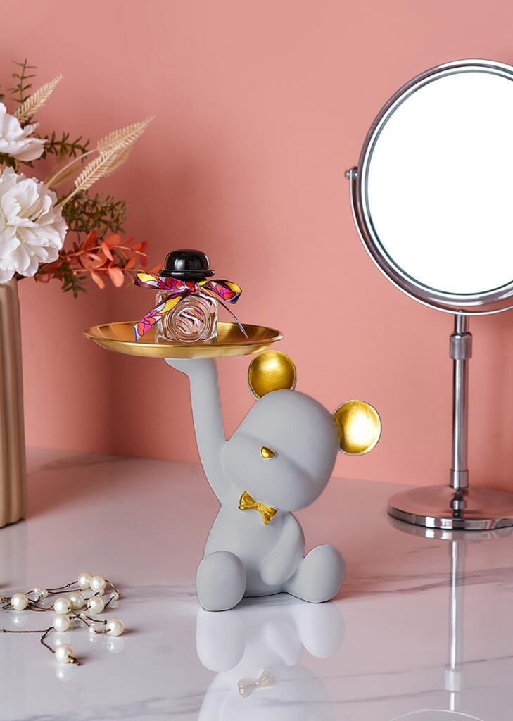 Dekoratif Tabak Tutan Ayıcık Biblo Ev Dekoru Sunum Dekoru Dekoratif Organizatör Gri