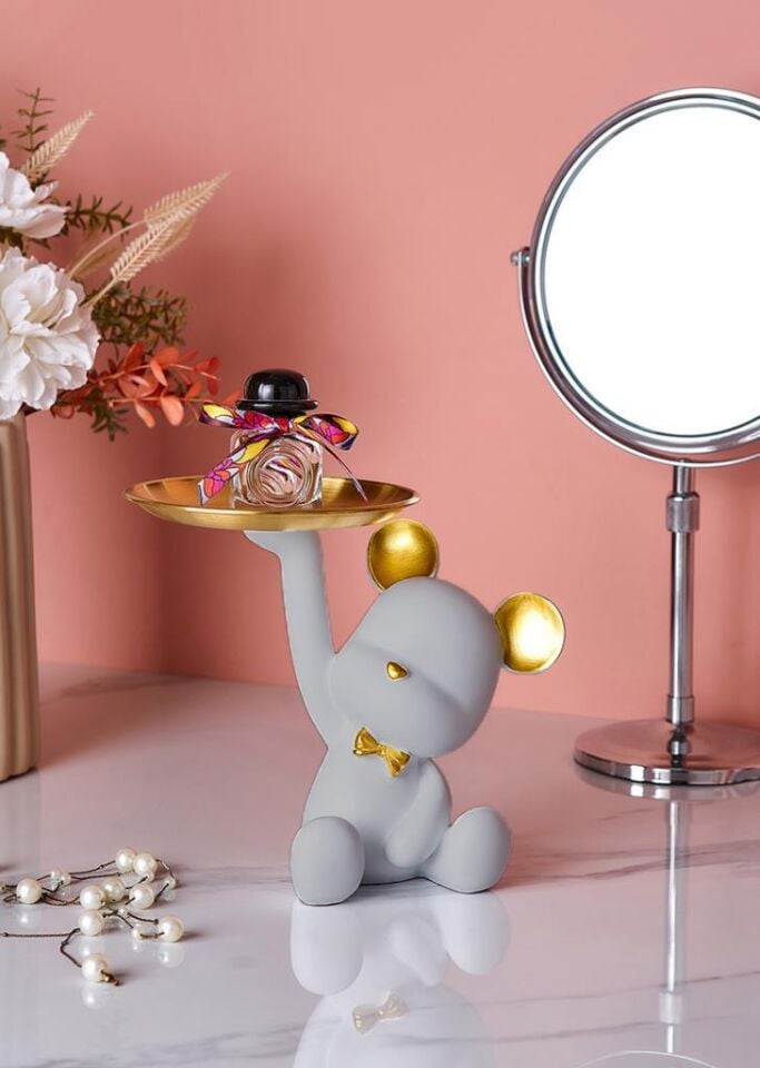 Dekoratif Tabak Tutan Ayıcık Biblo Ev Dekoru Sunum Dekoru Dekoratif Organizatör Gri