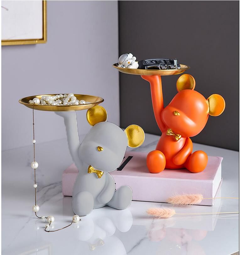 Dekoratif Tabak Tutan Ayıcık Biblo Ev Dekoru Sunum Dekoru Dekoratif Organizatör Gri