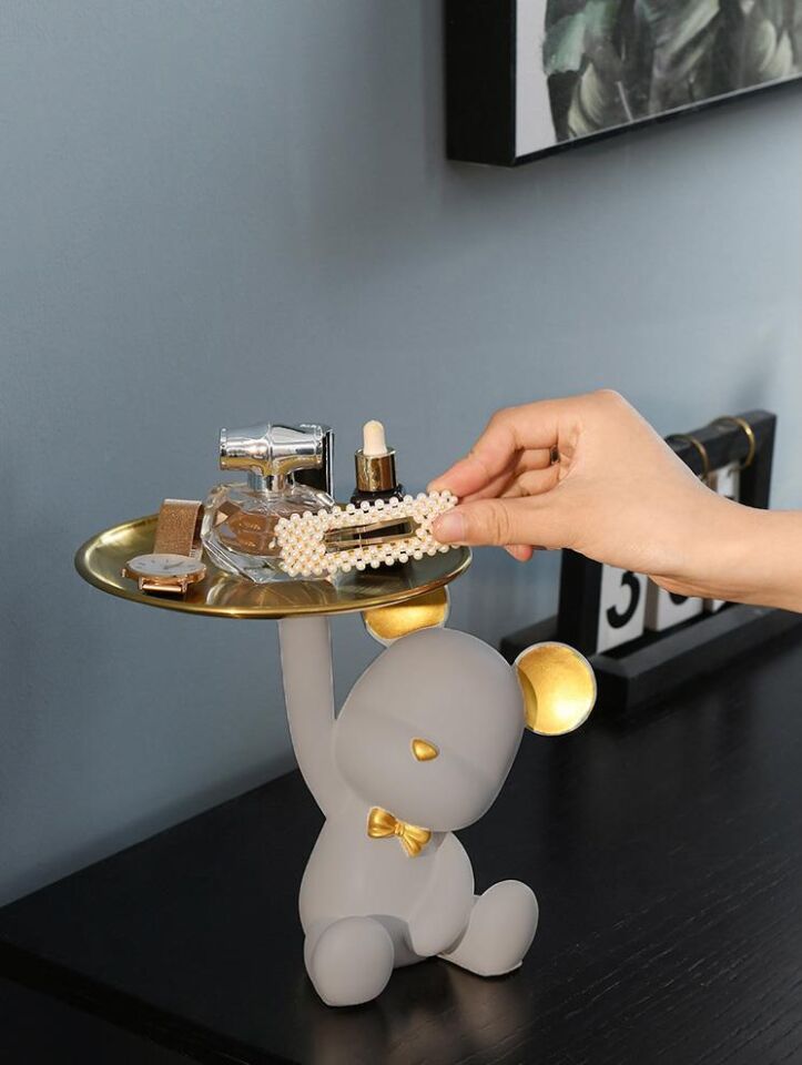 Dekoratif Tabak Tutan Ayıcık Biblo Ev Dekoru Sunum Dekoru Dekoratif Organizatör Gri