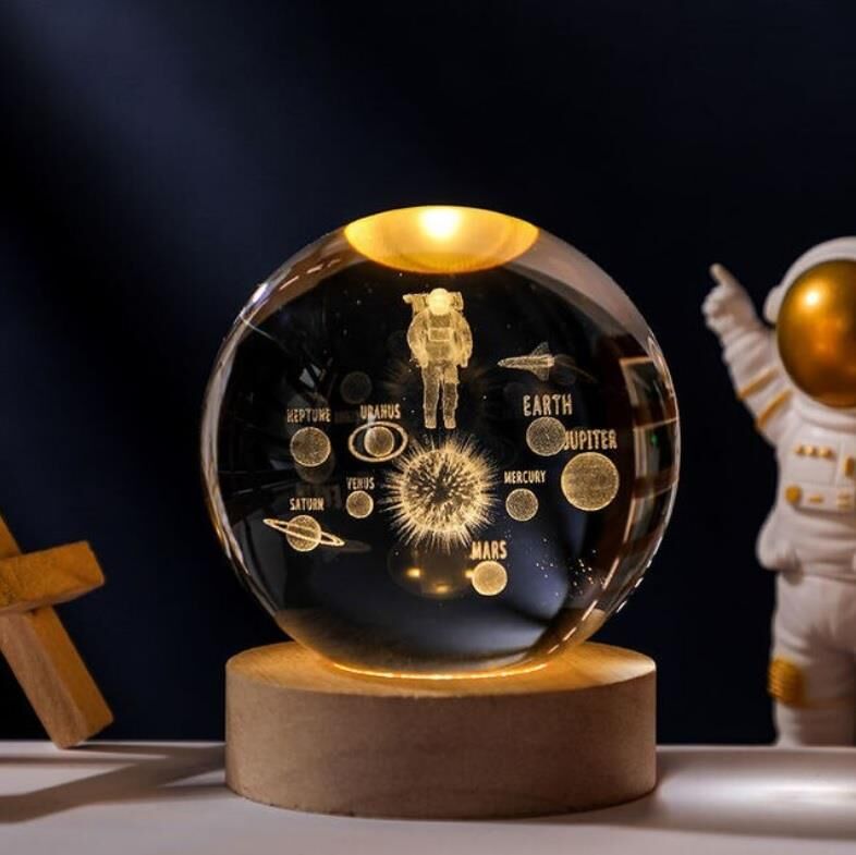 Led Işıklı Kristal Astronot Gezegen Küre 3D Güneş Sistemi Topu Ev Ofis Dekor