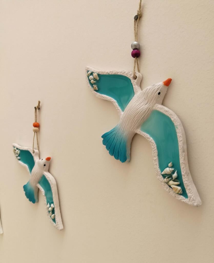 Deniz Kabuğu Süslemeli Polyester Üçlü Uçan Kuş Duvar Süsü