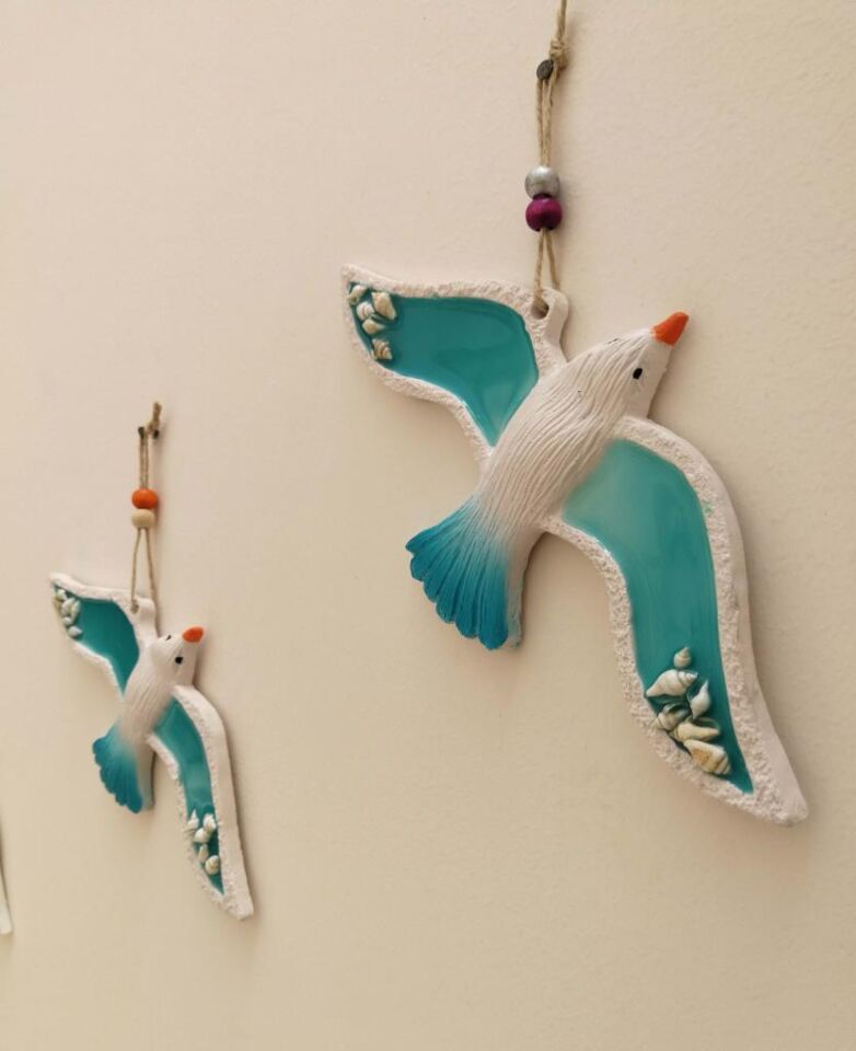 Deniz Kabuğu Süslemeli Polyester Üçlü Uçan Kuş Duvar Süsü