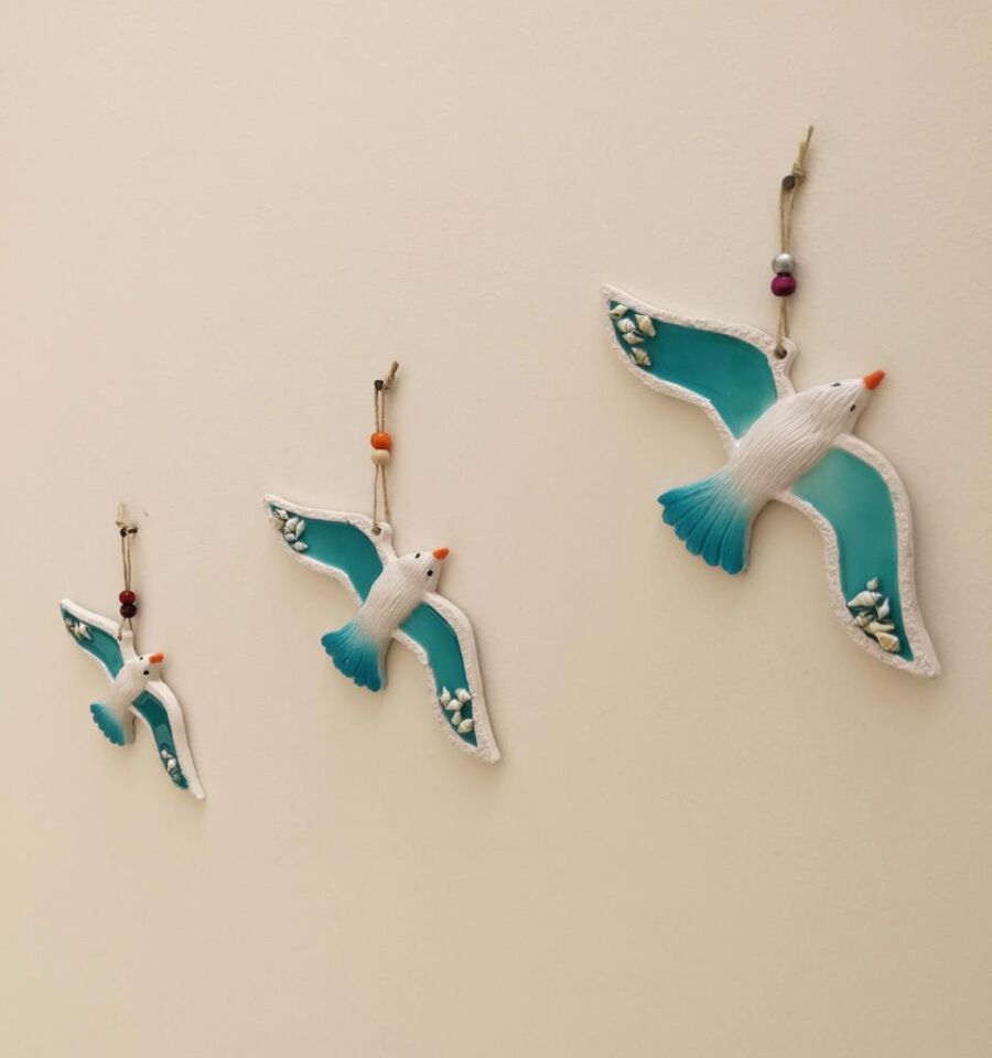 Deniz Kabuğu Süslemeli Polyester Üçlü Uçan Kuş Duvar Süsü