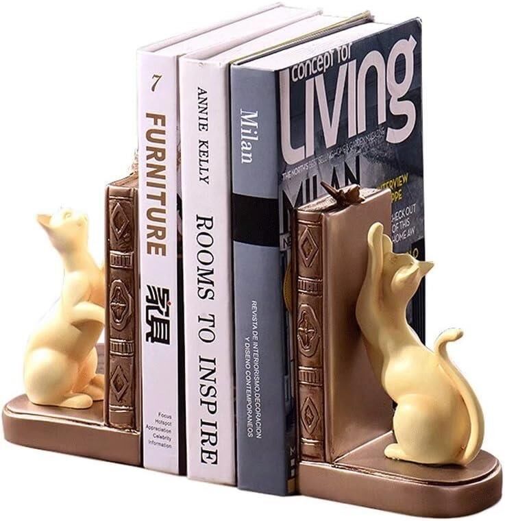 Dekoratif Kedi Figürlü Kelebek Detaylı İkili Kitap Tutucu Kitap Desteği Dekoratif Obje SARI