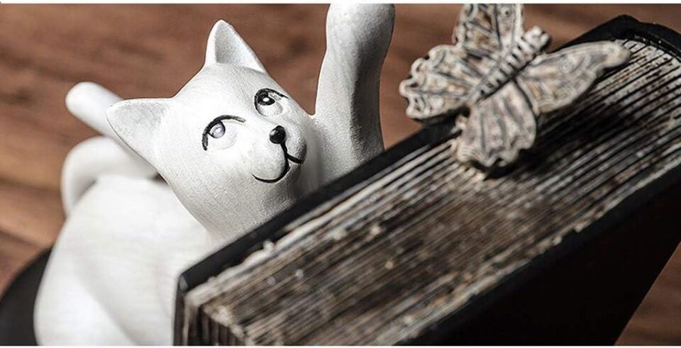 Dekoratif Kedi Figürlü Kelebek Detaylı İkili Kitap Tutucu Kitap Desteği Dekoratif Obje SARI