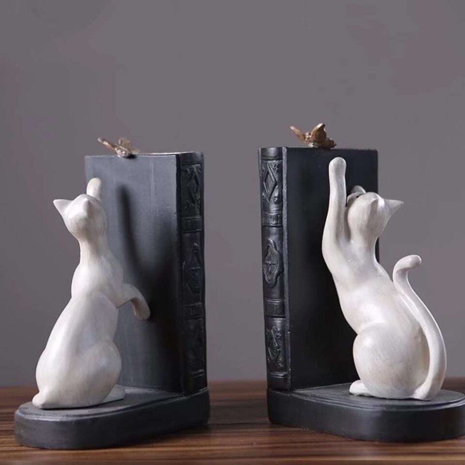 Dekoratif Kedi Figürlü Kelebek Detaylı İkili Kitap Tutucu Kitap Desteği Dekoratif Obje