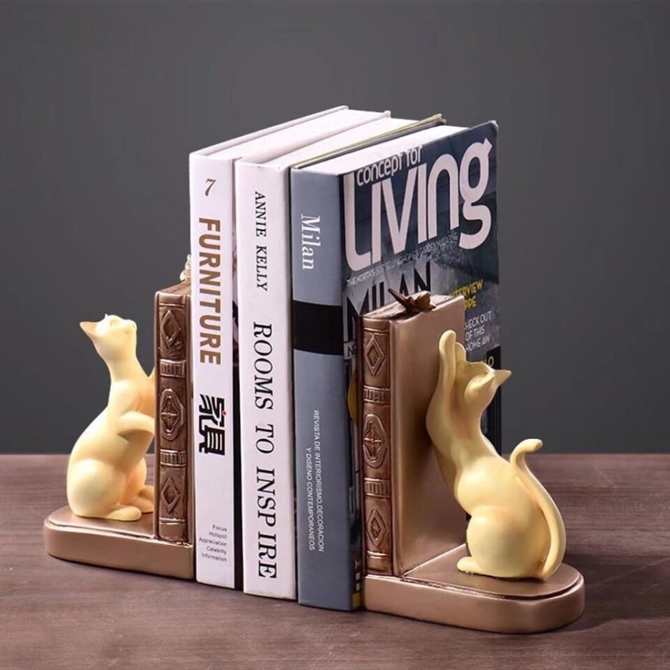 Dekoratif Kedi Figürlü Kelebek Detaylı İkili Kitap Tutucu Kitap Desteği Dekoratif Obje SARI