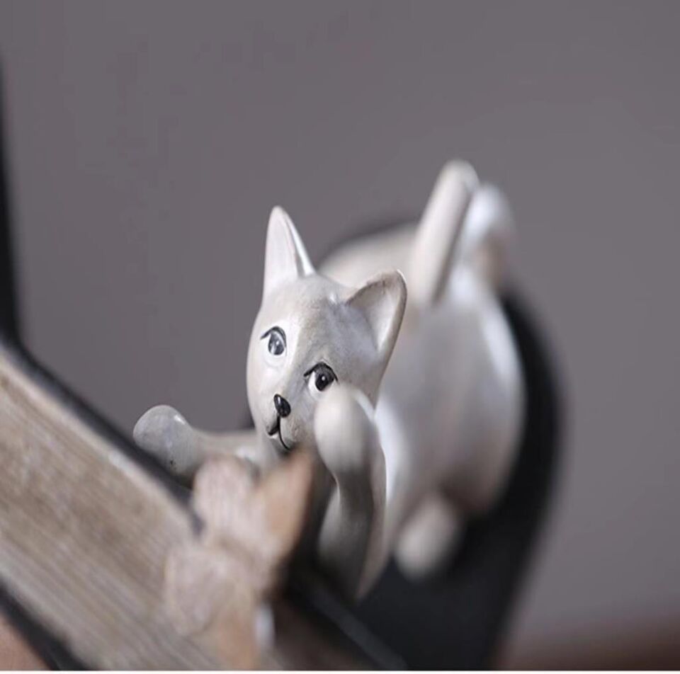 Dekoratif Kedi Figürlü Kelebek Detaylı İkili Kitap Tutucu Kitap Desteği Dekoratif Obje Beyaz