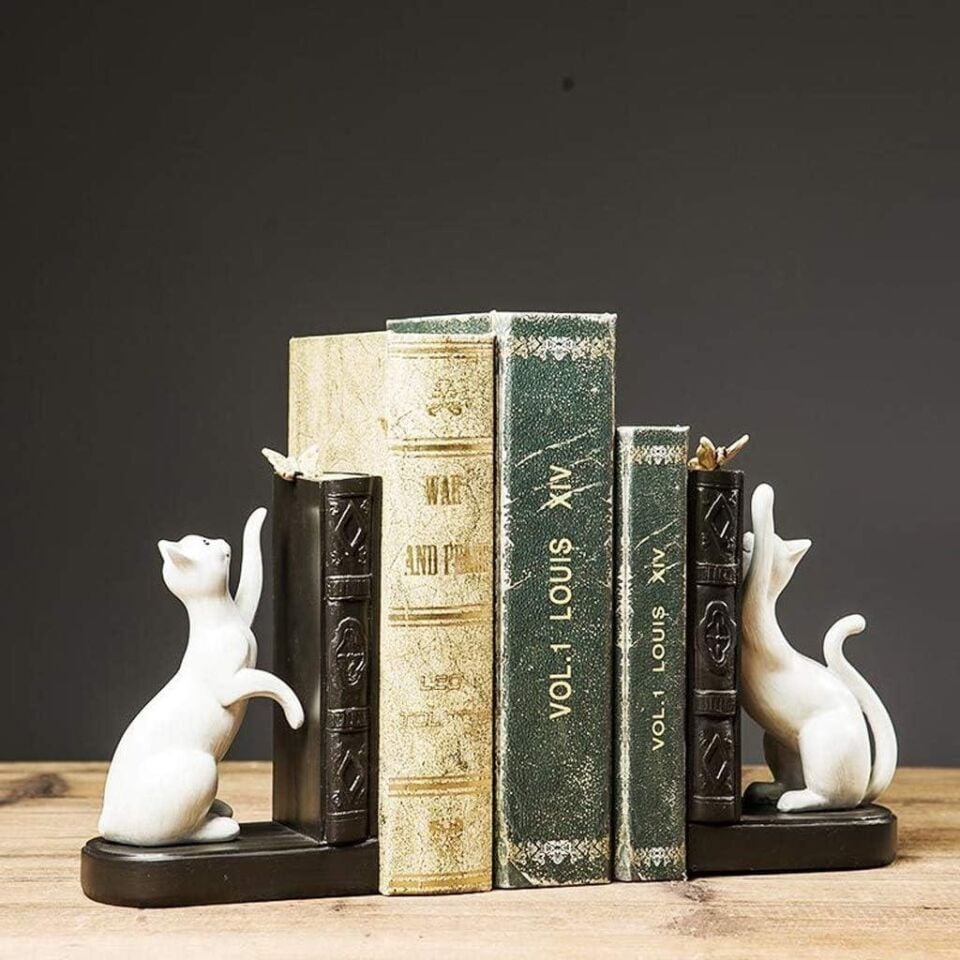 Dekoratif Kedi Figürlü Kelebek Detaylı İkili Kitap Tutucu Kitap Desteği Dekoratif Obje Beyaz