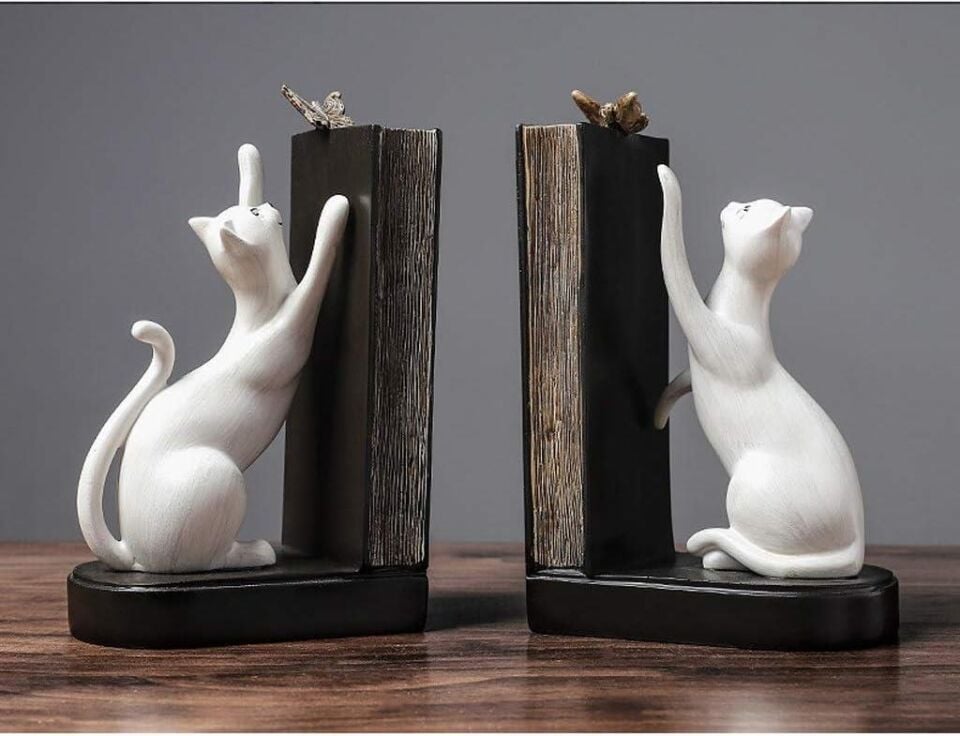 Dekoratif Kedi Figürlü Kelebek Detaylı İkili Kitap Tutucu Kitap Desteği Dekoratif Obje Beyaz
