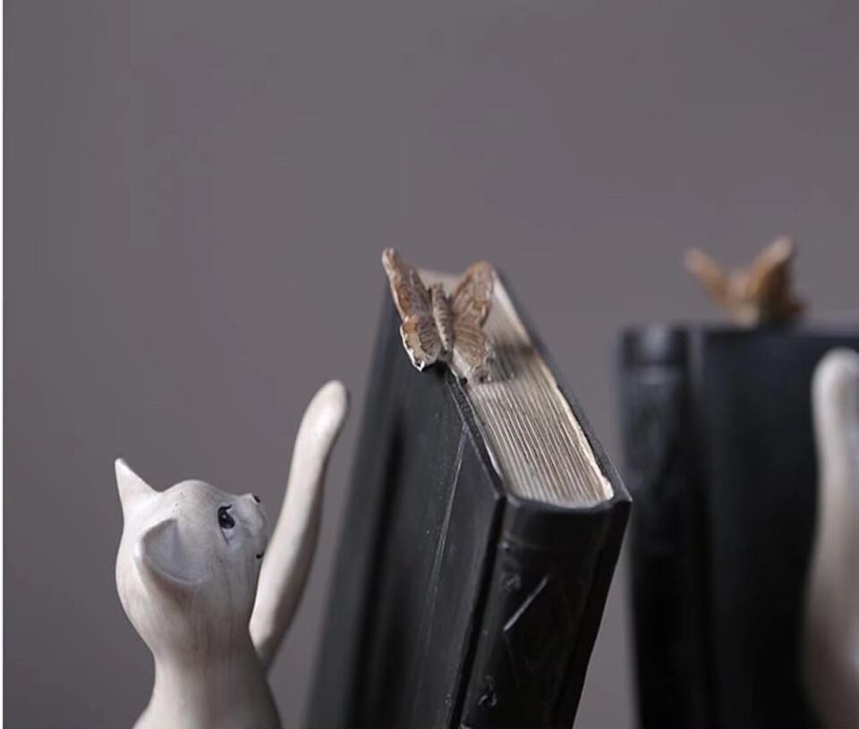 Dekoratif Kedi Figürlü Kelebek Detaylı İkili Kitap Tutucu Kitap Desteği Dekoratif Obje Beyaz