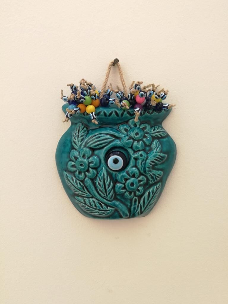 Seramik Turkuaz Saksı Duvar Süsü Nazarlık Yazlık Dekor