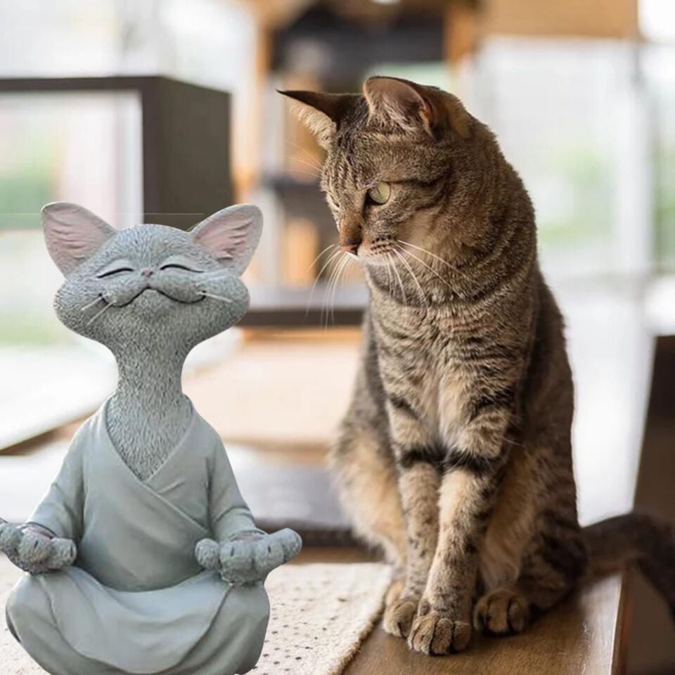 Dekoratif Yoga Yapan Kedi Biblo Meditasyon Kedi Heykeli Ev Dekoru Siyah