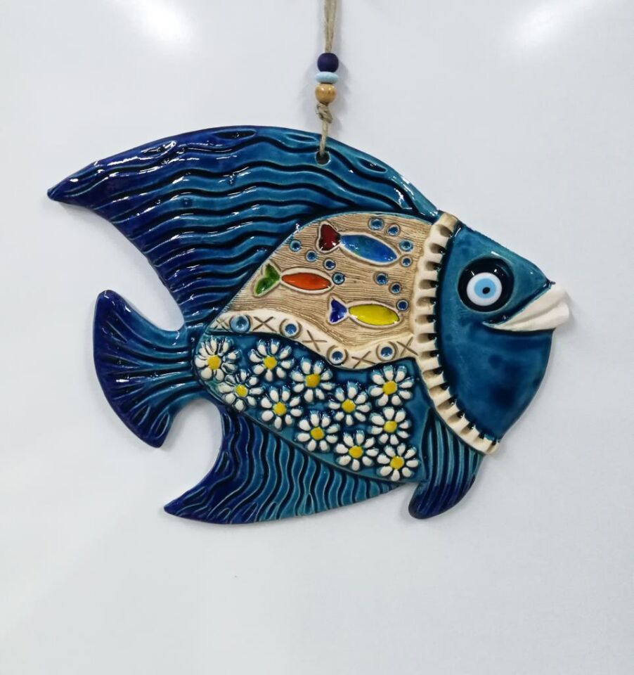 Seramik Balık Dekoratif El İşi Duvar Süsü Büyük Boy Nazarlık