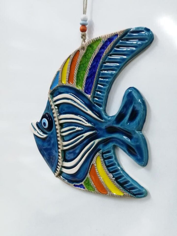 Seramik Sevimli Balık Dekoratif El İşi Duvar Süsü Büyük Boy Nazarlık