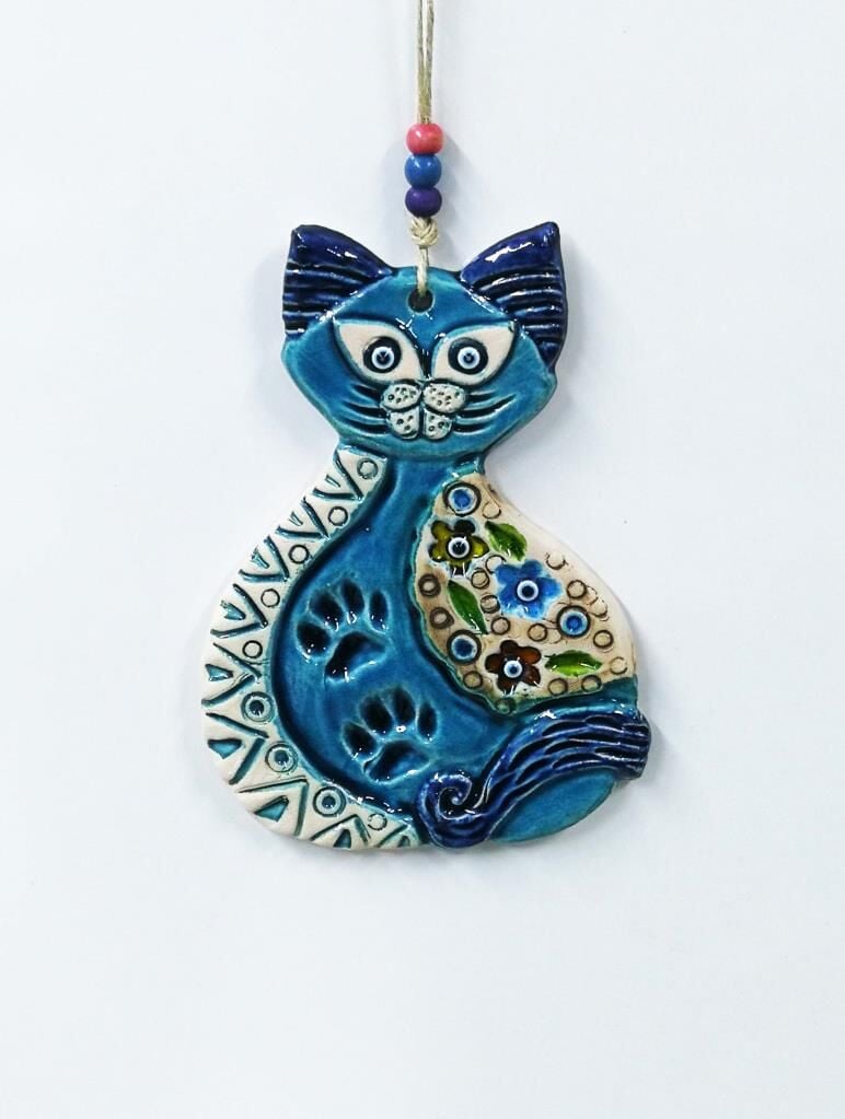 Mavi Kedi Figürlü Askılı Dekoratif Duvar Süsü Nazarlık