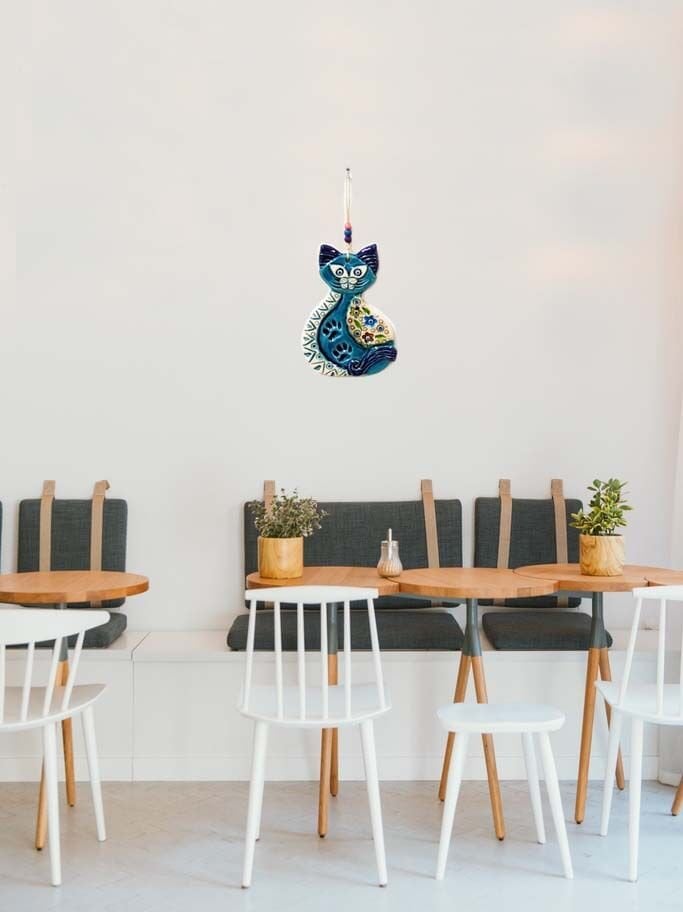 Mavi Kedi Figürlü Askılı Dekoratif Duvar Süsü Nazarlık