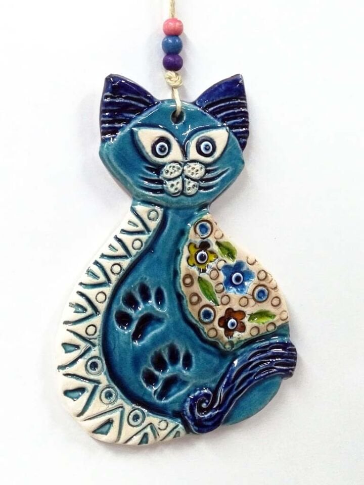 Mavi Kedi Figürlü Askılı Dekoratif Duvar Süsü Nazarlık