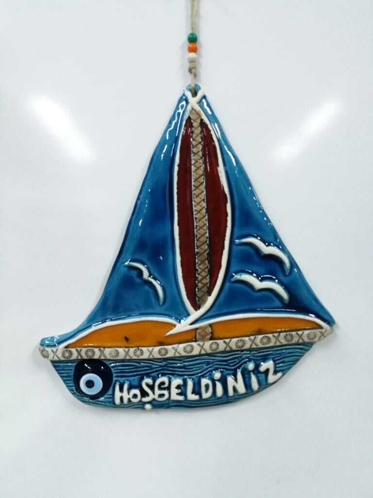 Seramik Yelkenli Hoşgeldiniz Dekoratif El İşi Duvar Süsü Büyük Boy Nazarlık