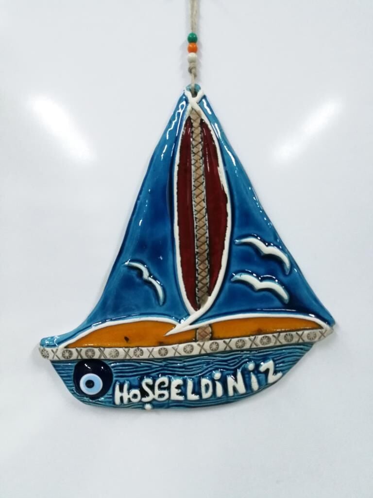 Seramik Yelkenli Hoşgeldiniz Dekoratif El İşi Duvar Süsü Büyük Boy Nazarlık